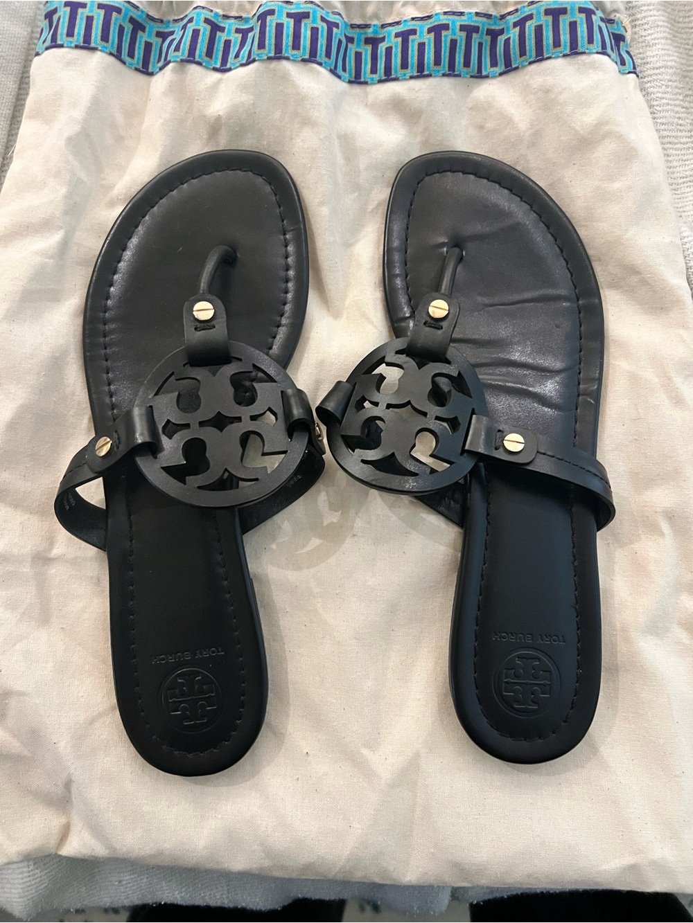 Tory Burch Black Leather Logo Thong Sandals
